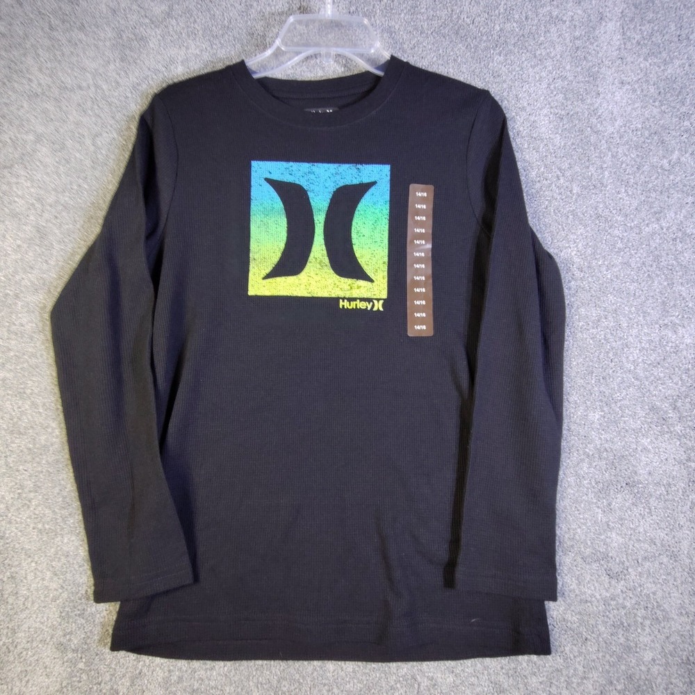 Hurley Thermal Shirt Boys XL 14/16 Long Sleeve Pullover Black Logo Good
